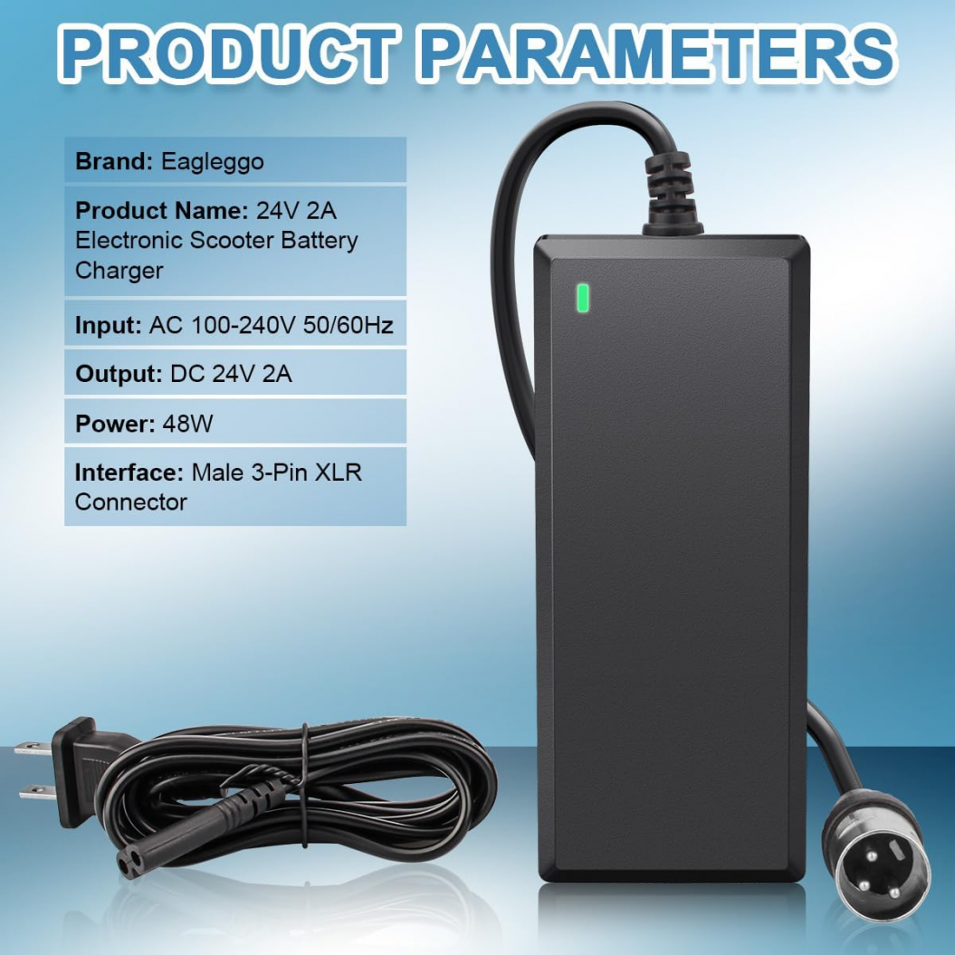24V 2A 3-Pin XLR Electric Scooter Battery Charger for Go-Go Elite Traveller Plus HD US, Pride Mobility Scooter, Ezip Mountain Trailz, Jazzy Power Chair