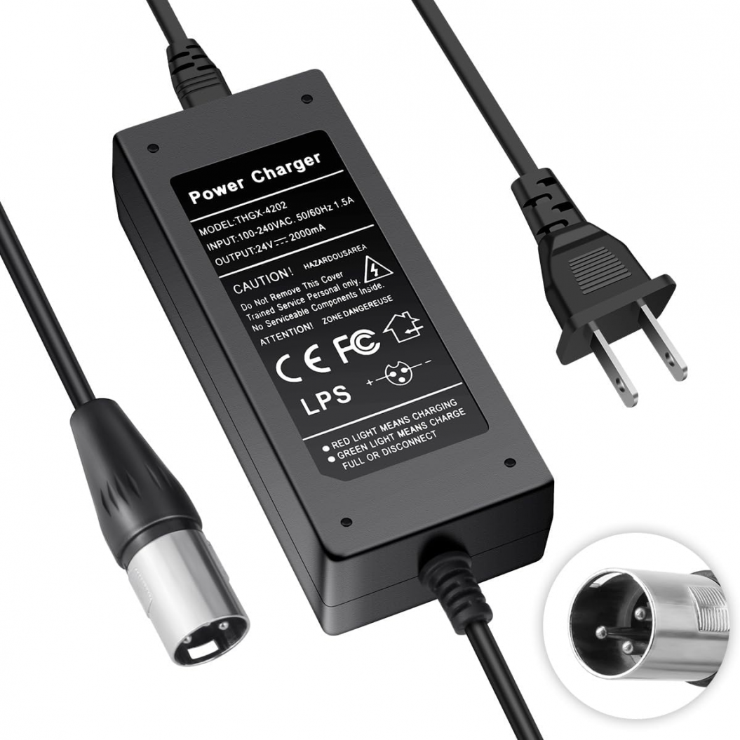 24V 2A 3-Pin XLR Electric Scooter Battery Charger for Go-Go Elite Traveller Plus HD US, Pride Mobility Scooter, Ezip Mountain Trailz, Jazzy Power Chair