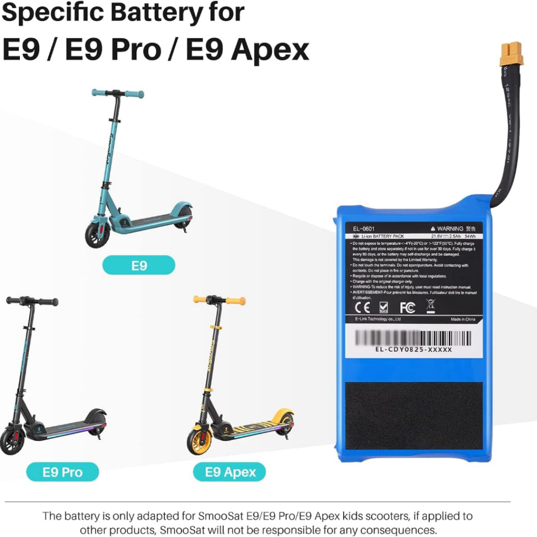 Batterie de remplacement 21,6 V 2,5 Ah pour trottinette électrique pour enfants E9 E9 Pro E9 Apex