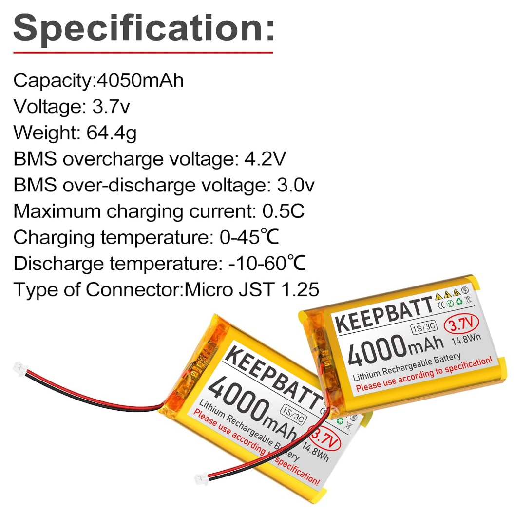 3.7V 4000mAh 124065 LiPo Battery Rechargeable 1S 3C with PCB Micro JST 1.25 Plug for Arduino ESP32 Development Board