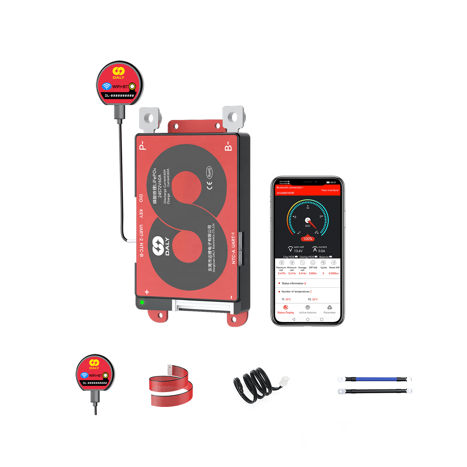 Daly smart bms LifePO4 24S 72V 60A bluetooth BMS board 18 66 128