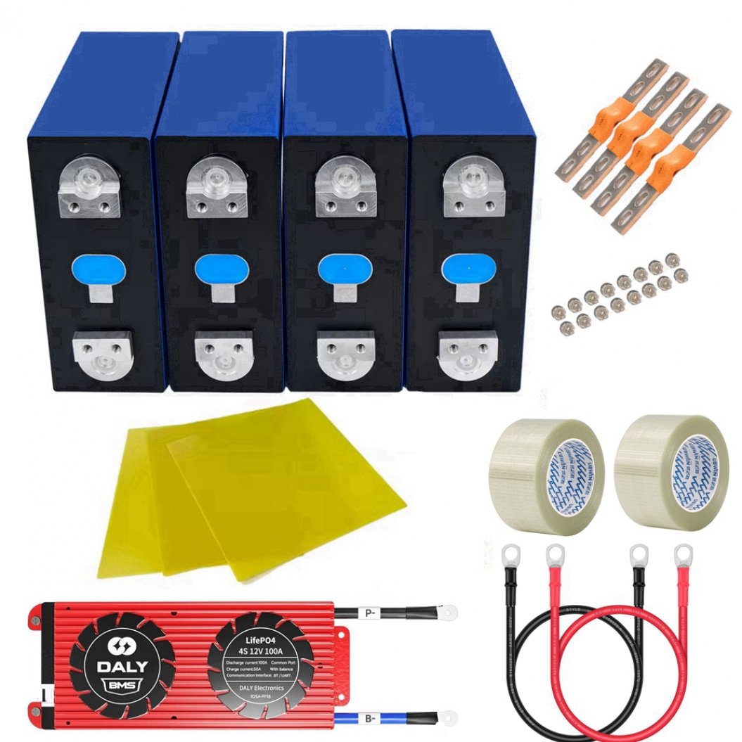 Bateria EVE 4PCS 3,2V 280AH LiFePO4 com BMS Daly 4S 12V 100A para Sistema Solar Off-Grid, RV, Barco, Carrinho de Golfe, Ferramentas Elétricas, e Mais