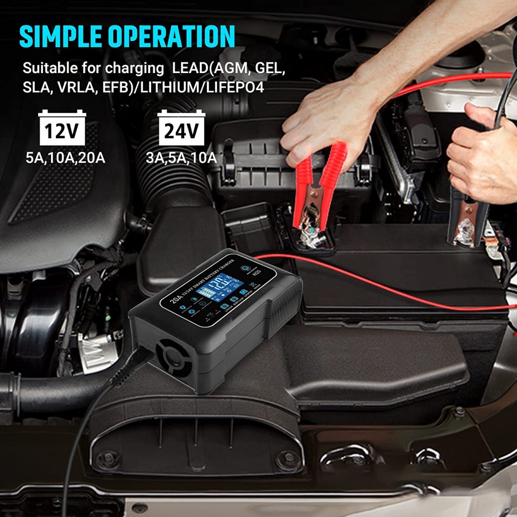 20A LiFePO4 リチウム AGM ゲル スマートバッテリーチャージャー, 12V/20A 24V/10A トリクルチャージャー, 車、ボート、バイク、芝刈り機用メンテナー
