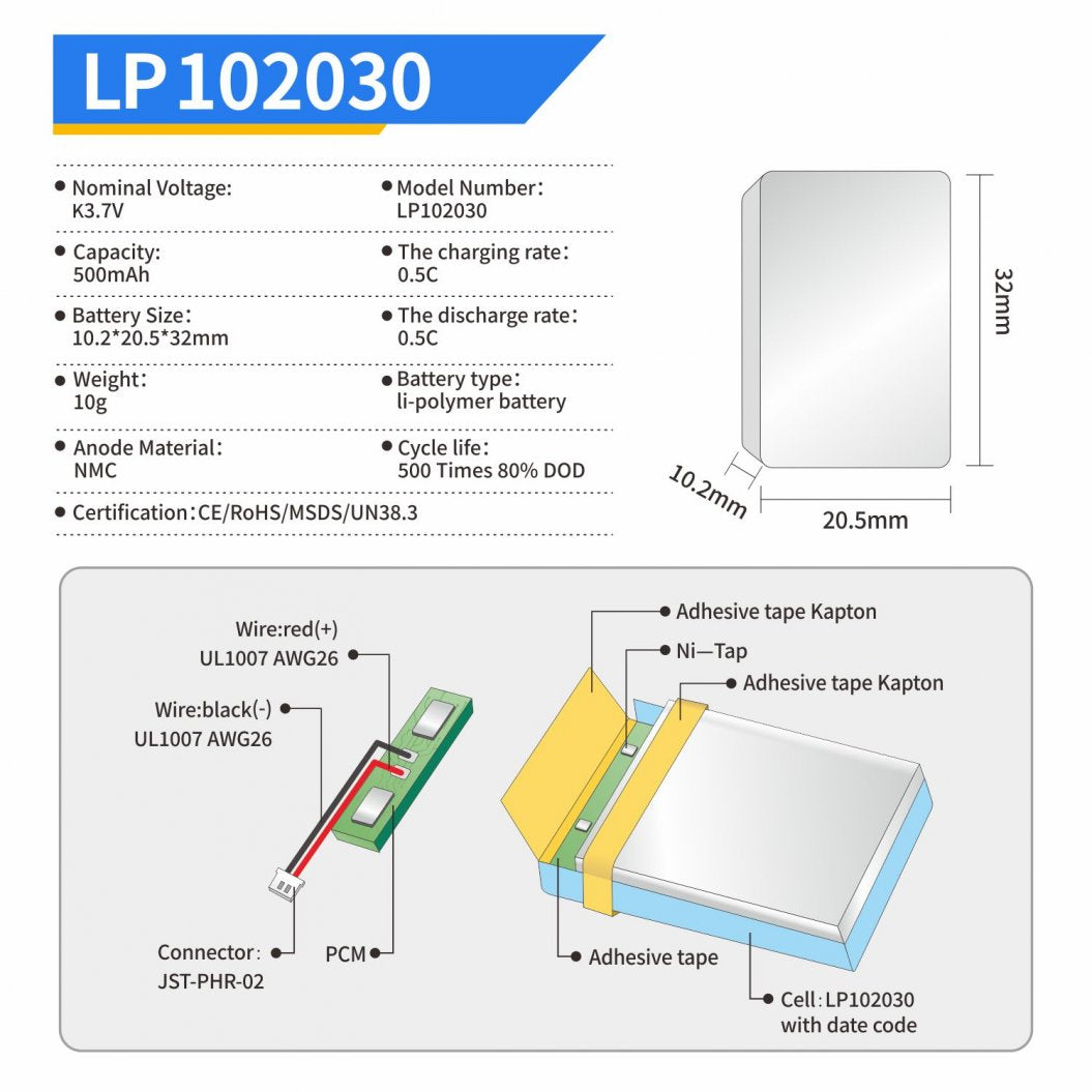KB-LP102030 Bateria LiPo 3.7V 500mAh Recarregável - Bateria de Polímero de Lítio
