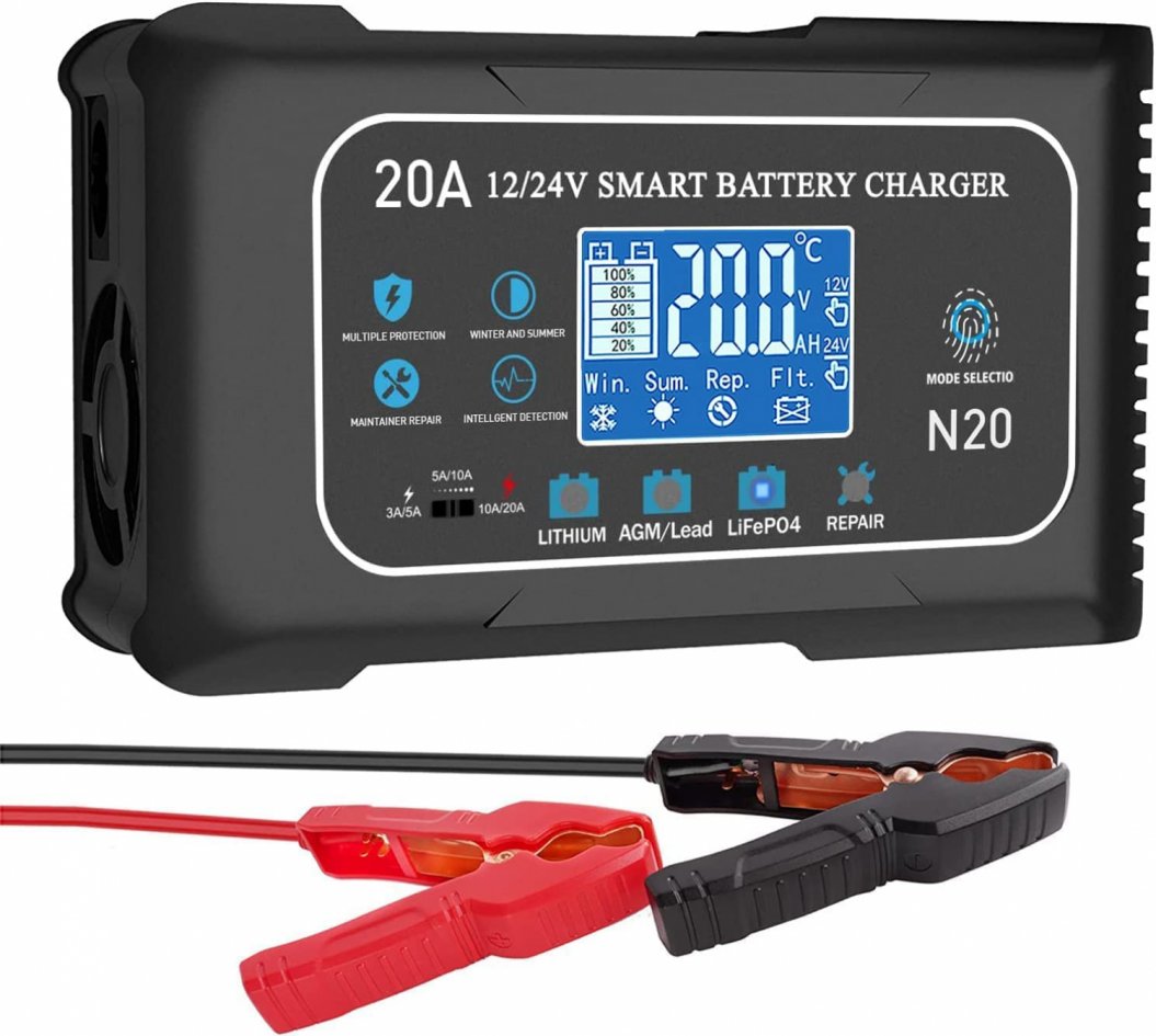 20A LiFePO4 リチウム AGM ゲル スマートバッテリーチャージャー, 12V/20A 24V/10A トリクルチャージャー, 車、ボート、バイク、芝刈り機用メンテナー