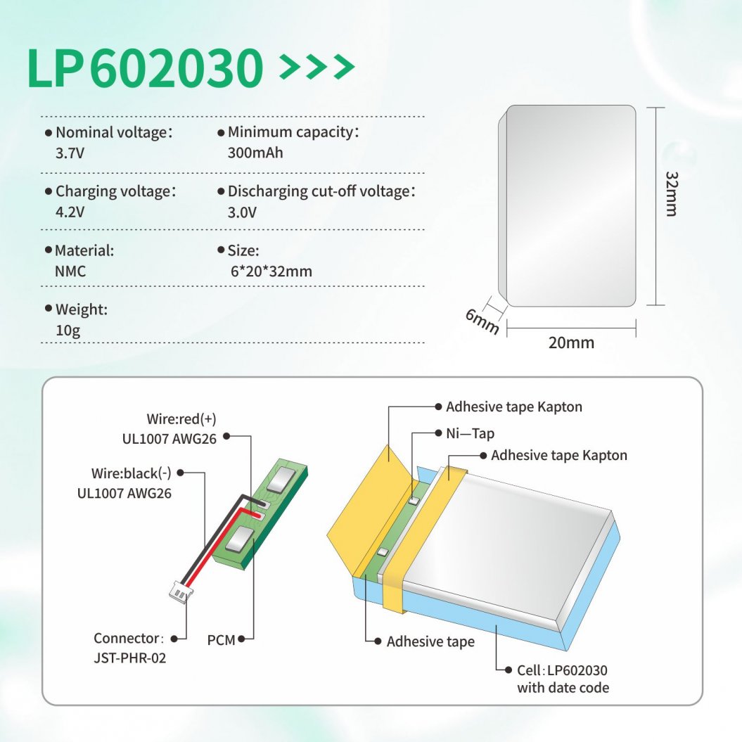 Batería Li-Polímero KB-LP 602030 3.7V 300mAh para Auriculares Bluetooth