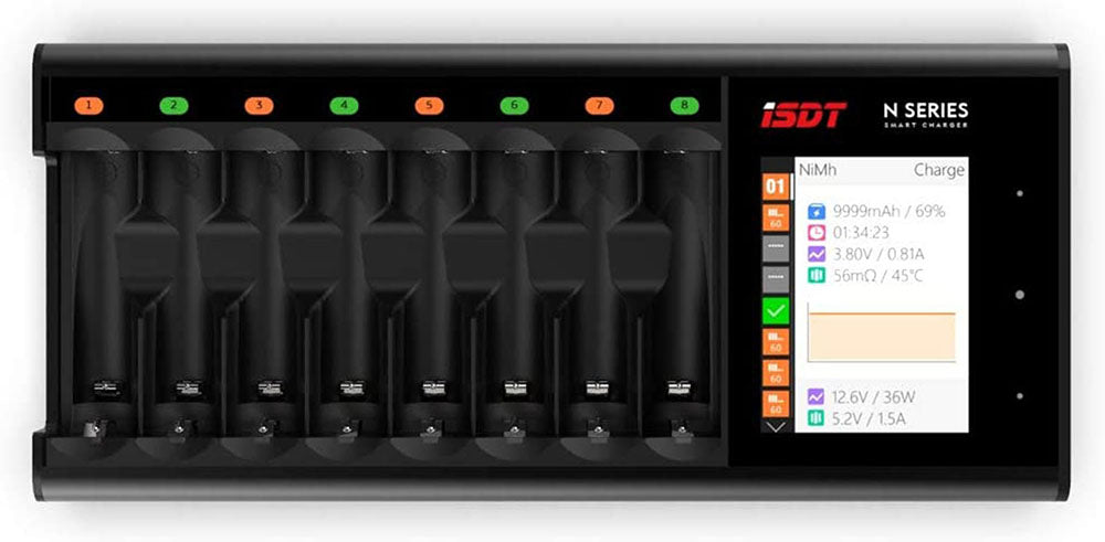 ISDT N8 バッテリー充電器 - LCD 表示付き急速充電器、8 個のバッテリー(NI - MH、NI - Cd、AA、AAA、Li - lon、LiHv、LiFePO4、エネループ、パナソニック、ヴァルタ、アンスマンバッテリー用)