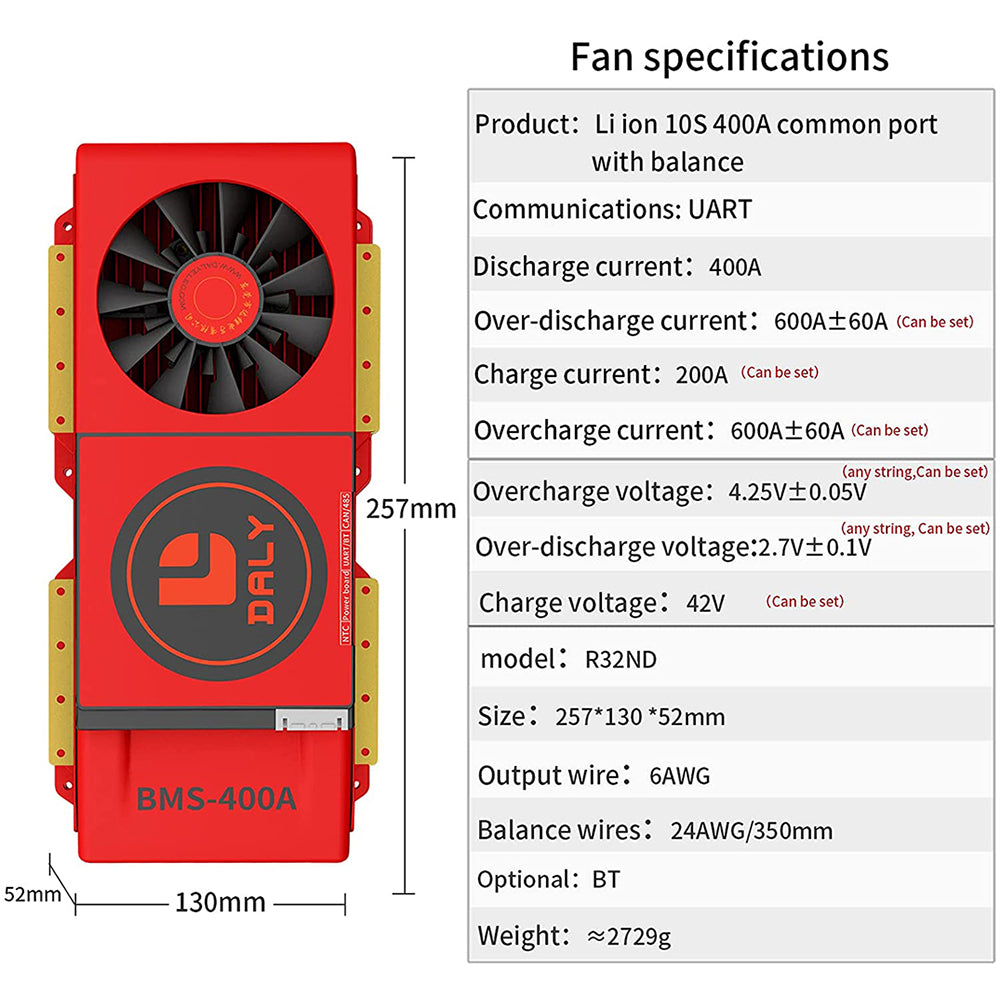 Daly smart bms Li-ion 10S 36V 400A bluetooth BMS FAN board 52 130 257