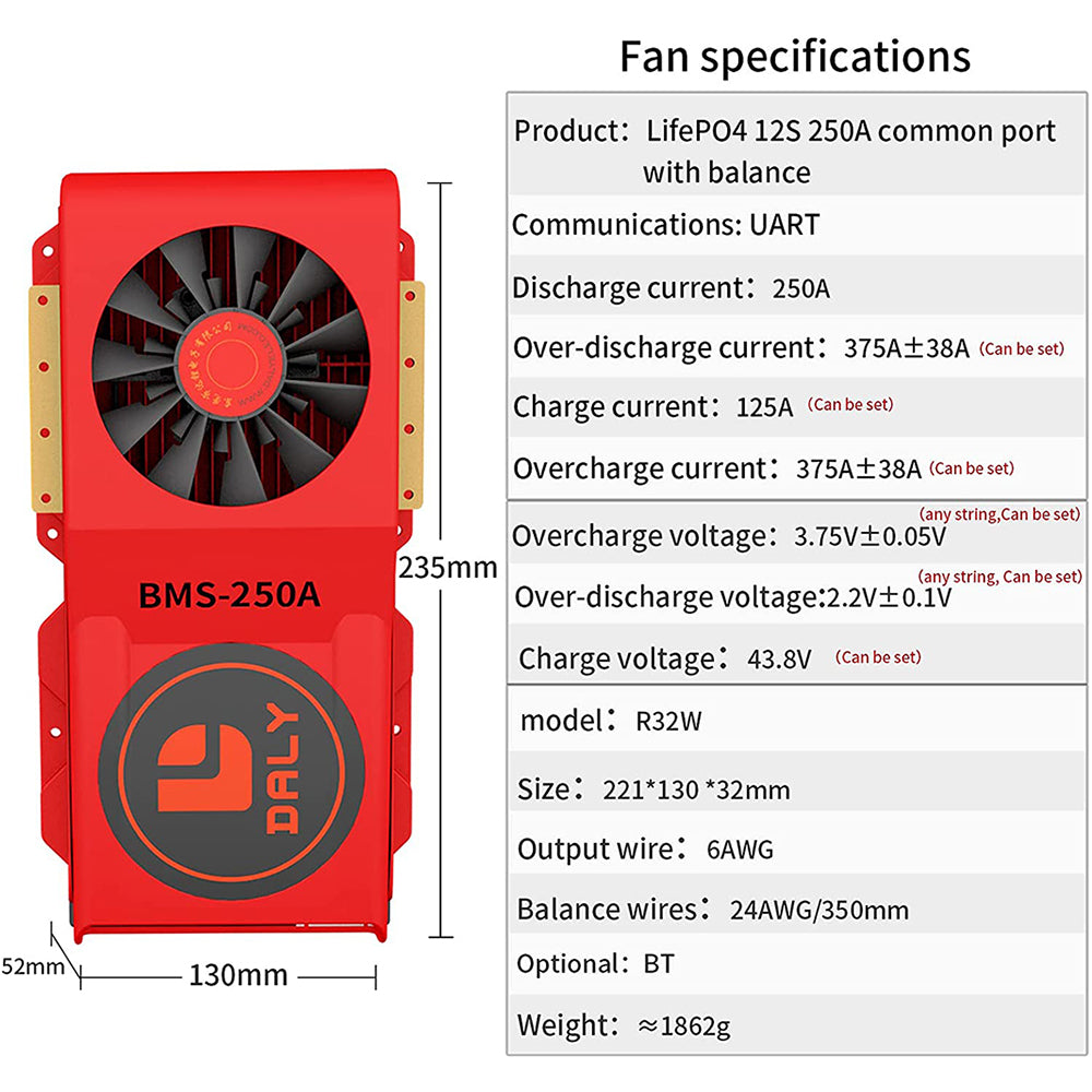 Daly smart bms Lifepo4 12S 36V 250A bluetooth BMS FAN board 52 130 235