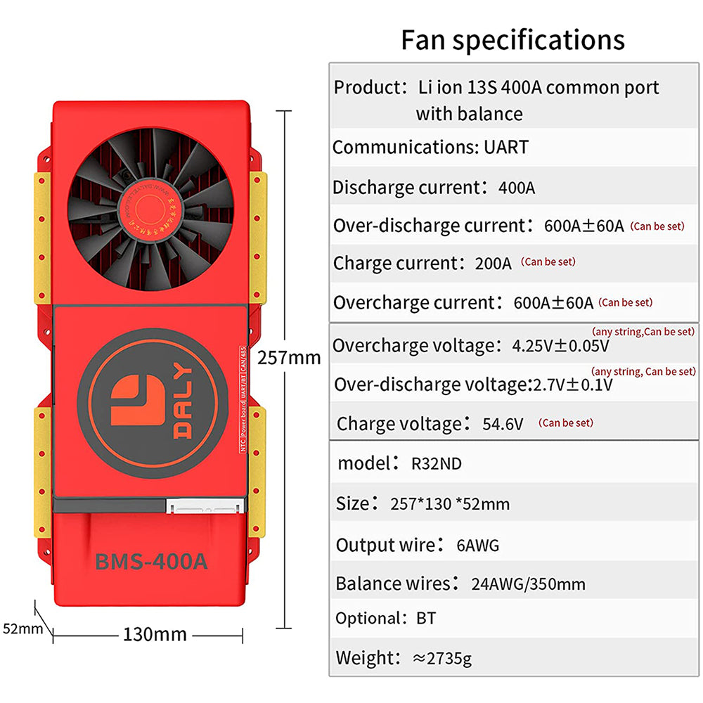 Daly BMS Inteligente Li-Ion 13S 48V 400A Bluetooth Placa BMS 52 130 257