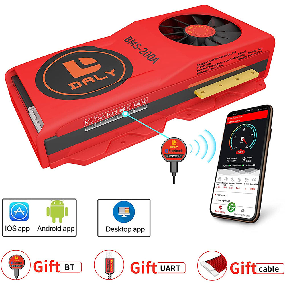 Daly smart bms Li-ion 14S 48V 200A placa de ventilador BMS bluetooth 52 130 235