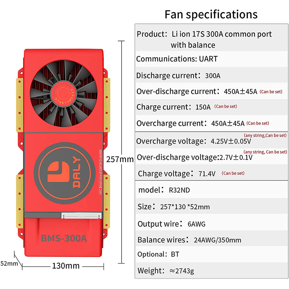Daly Smart BMS Li-ion 17S 60V 400A Bluetooth BMS FAN board 52 130 257