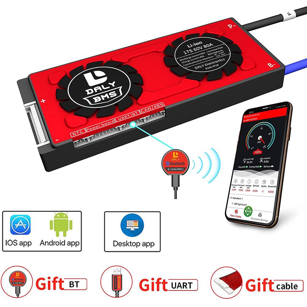 Daly Smart BMS Li-ion 17S 60V 80A Bluetooth BMS Board 19 66 150
