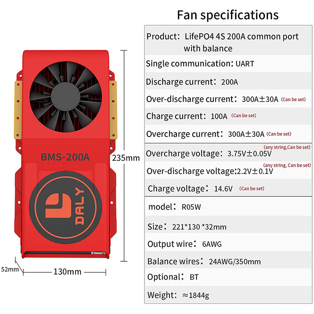 Daly Smart BMS Lifepo4 4S 12V 200A Bluetooth BMS FAN Board 52 130 235
