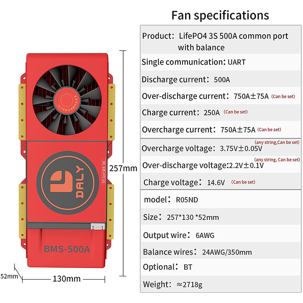 Daly Smart BMS Lifepo4 4S 12V 500A Bluetooth BMS FAN Board 52 130 257