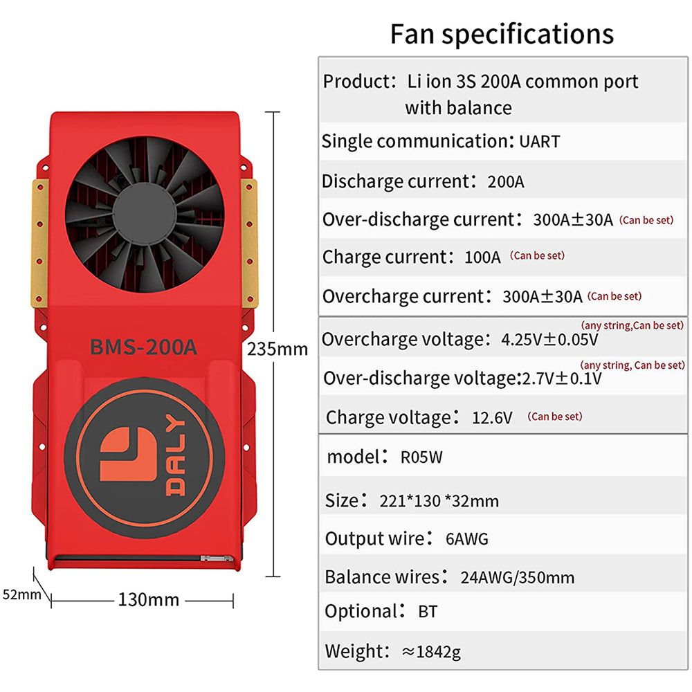 Daly smart bms Li-ion 3S 12V 200A bluetooth BMS FAN board 52 130 235