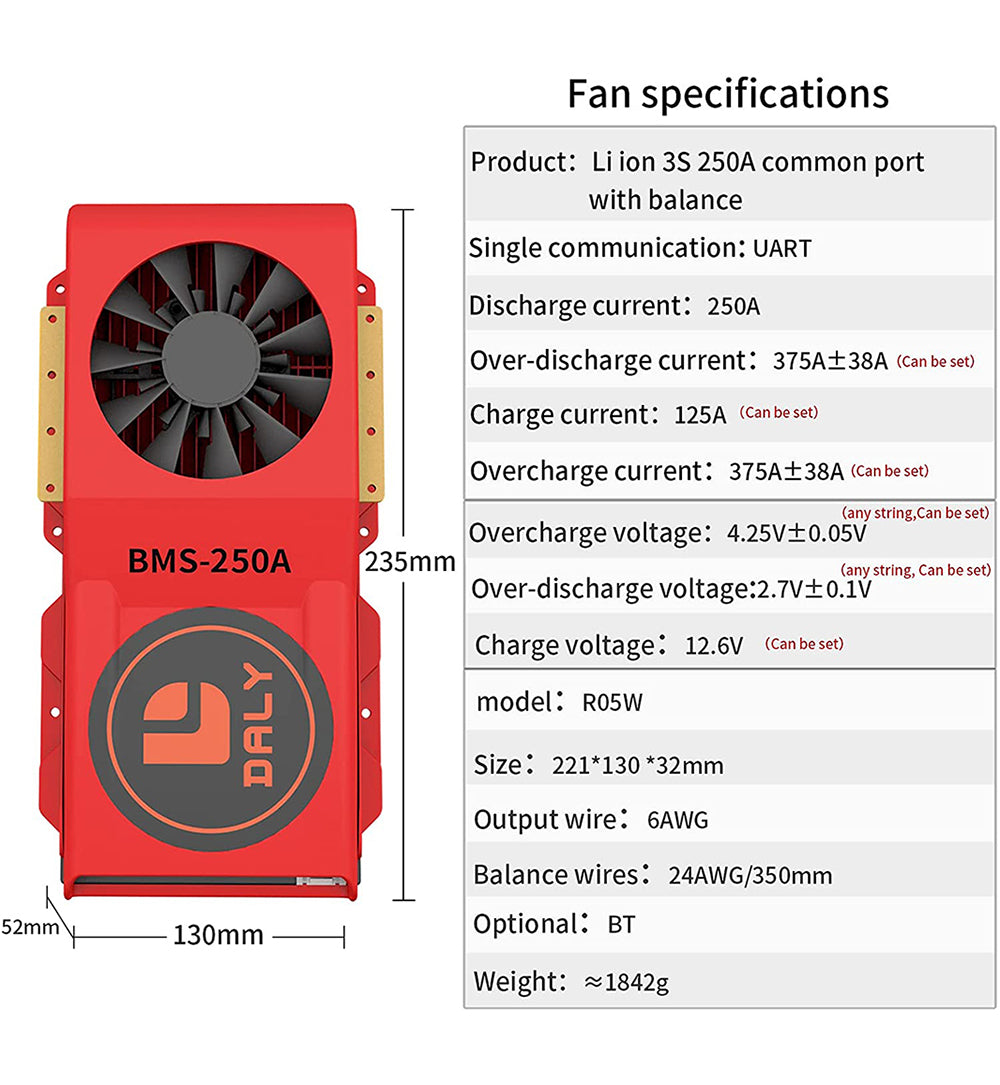 Daly smart bms Li-ion 3S 12V 250A bluetooth BMS FAN board 52 130 235