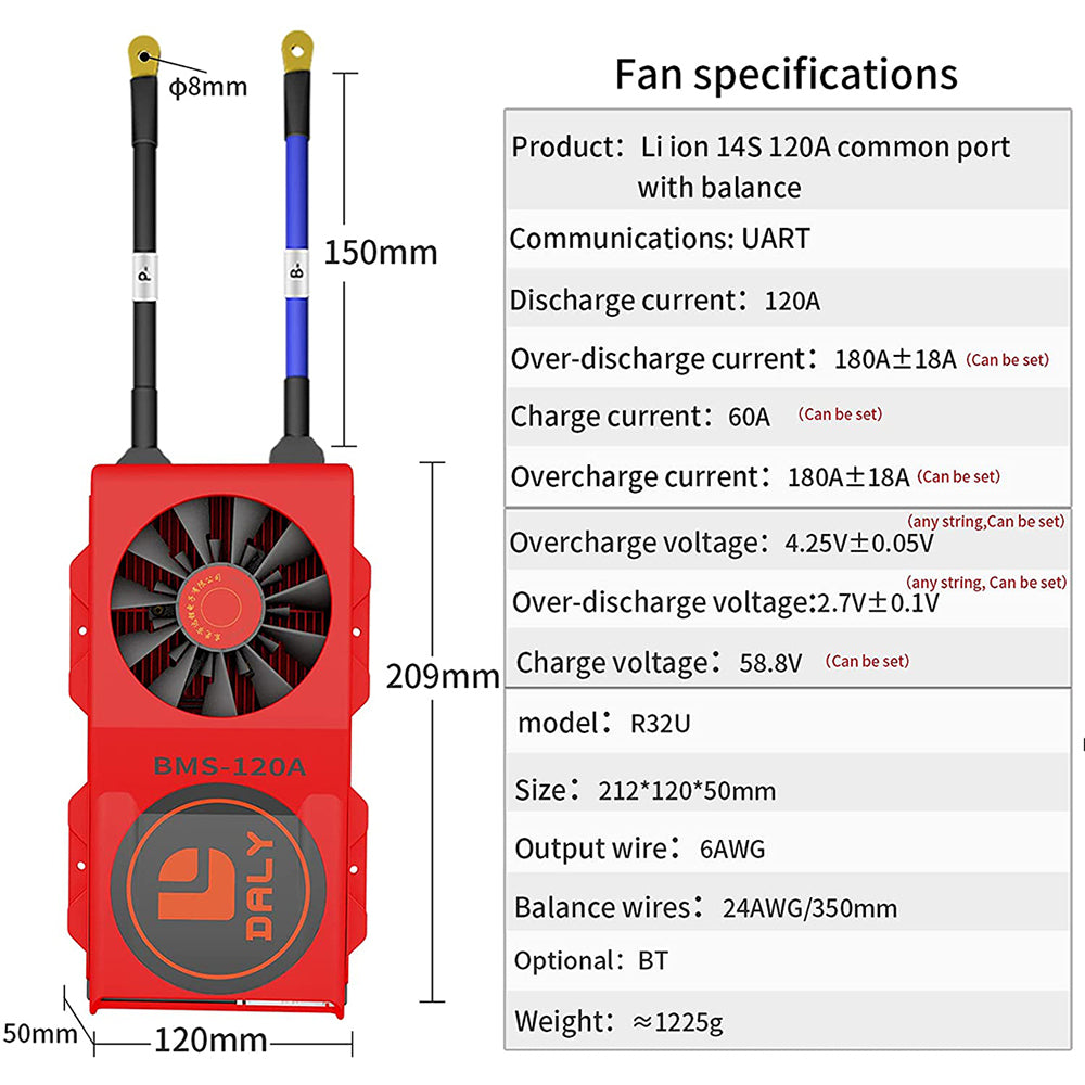 Daly Smart BMS Li-ion 14S 48V 120A Placa BMS Bluetooth FAN 50 120 209