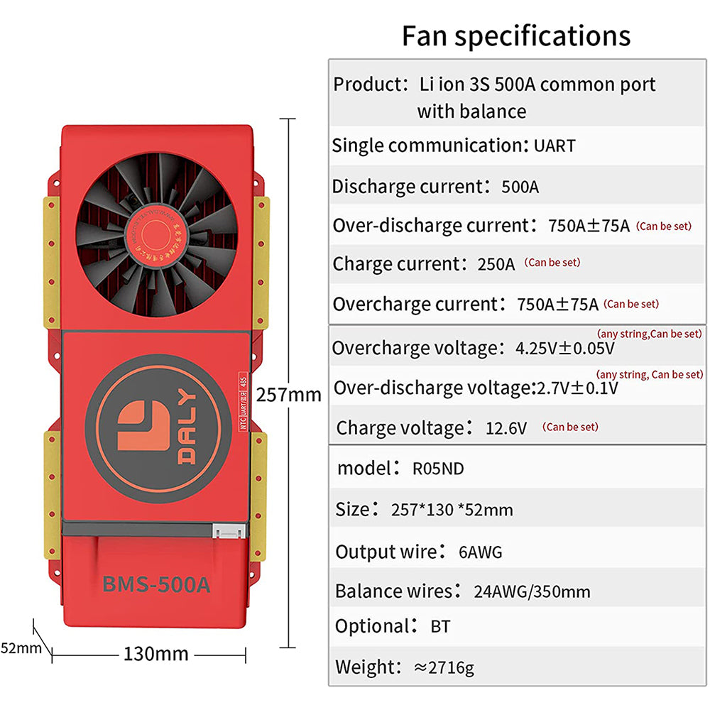 Daly smart bms Li-ion 3S 12V 500A bluetooth BMS FAN board 52 130 257