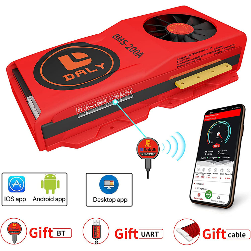 Daly smart bms Lifepo4 12S 36V 200A bluetooth BMS FAN board 52 130 235