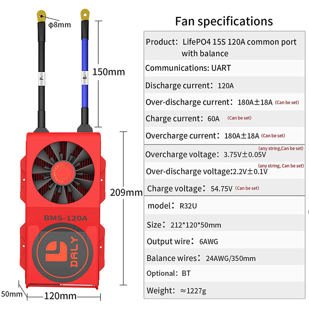 Daly Smart BMS LiFePO4 15S 48V 120A com Bluetooth e Ventilador (Modelo 50 120 209)