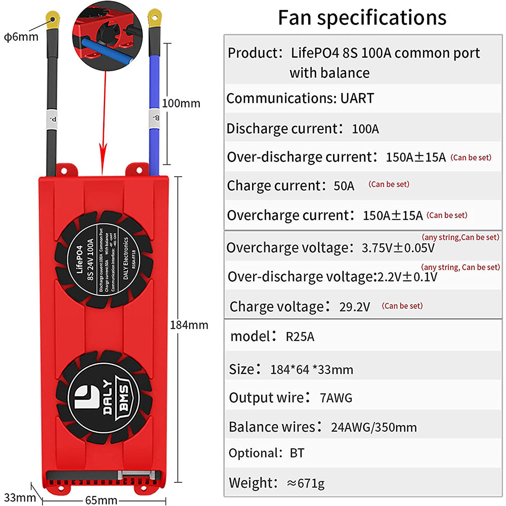 Daly Smart BMS LiFePO4 8S 24V 100A Bluetooth BMS FAN Board 33 65 184
