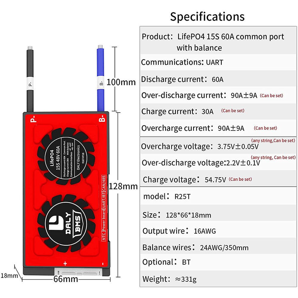 Daly smart bms LiFePo4 15S 48V 60A bluetooth BMS board 18 66 128