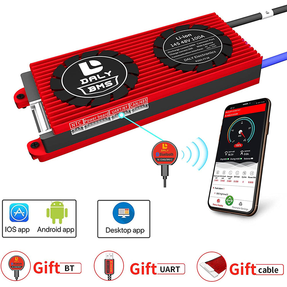 Daly Smart BMS Li-ion 14S 48V 100A Placa BMS Bluetooth 24 65 166