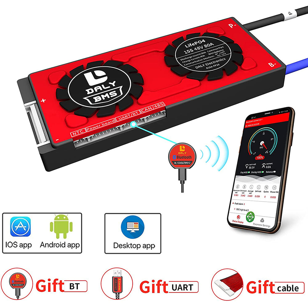 Daly Smart BMS LiFePO4 15S 48V 80A com Bluetooth (Modelo 19 66 150)