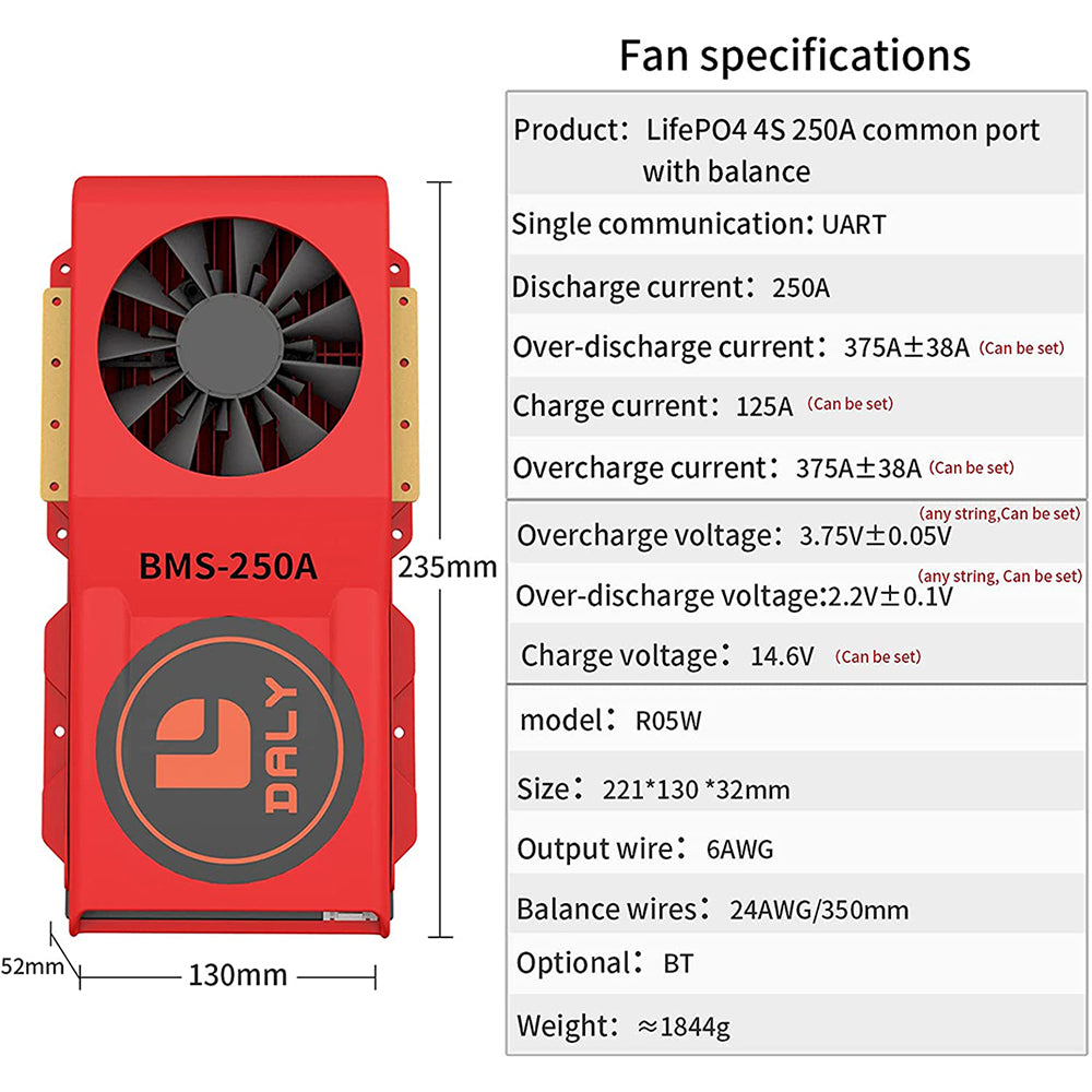 Daly Smart BMS Lifepo4 4S 12V 250A Bluetooth BMS FAN Board 52 130 235