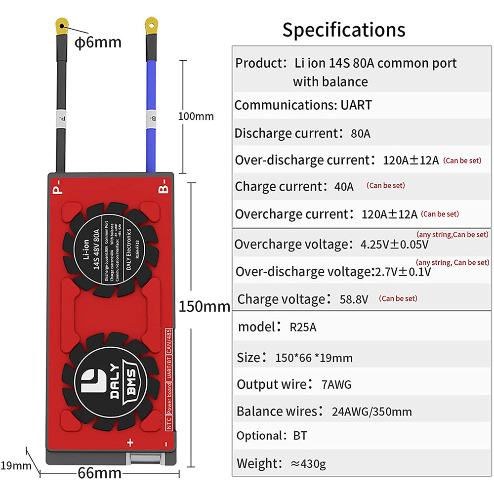 Daly smart bms Li-ion 14S 48V 80A bluetooth BMS board 19 66 150