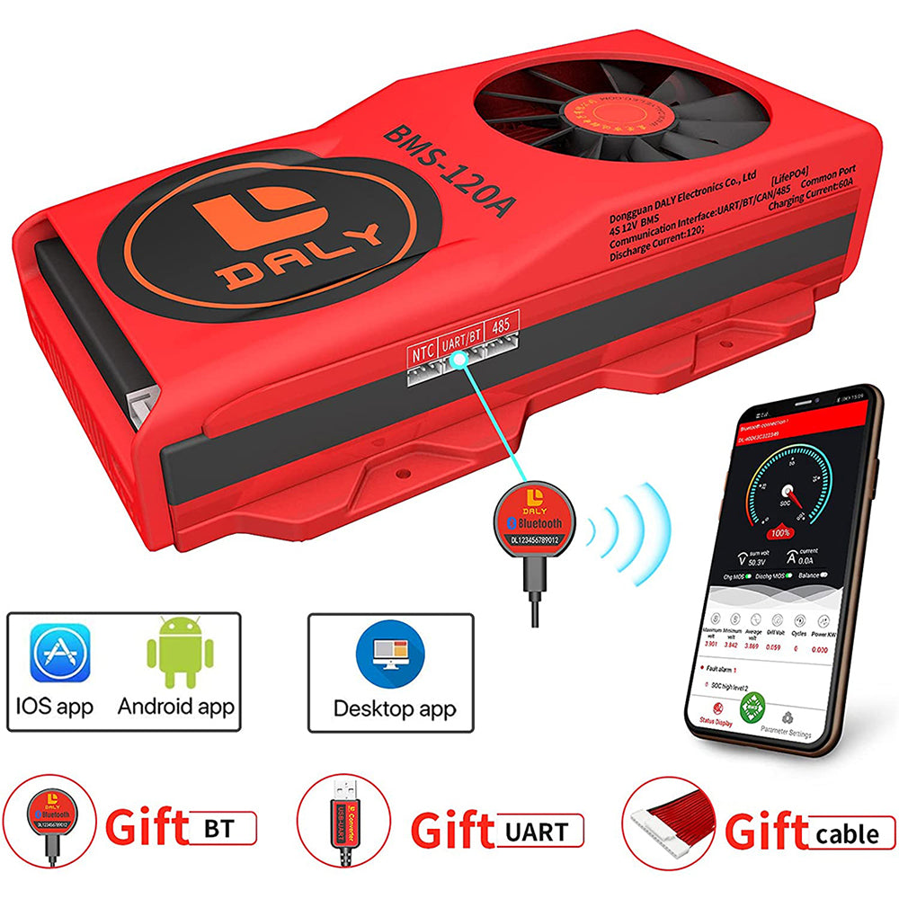 Daly smart bms Lifepo4 4S 12V 120A bluetooth BMS FAN board 50 120 209