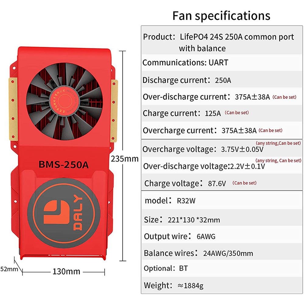 Daly 스마트 BMS LifePO4 24S 72V 250A 블루투스 BMS FAN 보드 52 130 235