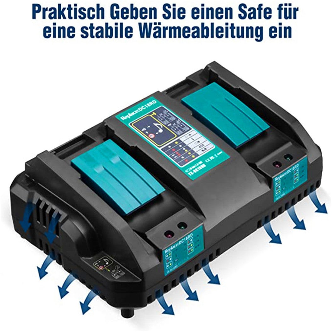 Carregador de Dupla Porta DC18RD para Bateria de Lítio 14,4V-18V Compatível com Makita BL1815 BL1830 BL1840 BL1850