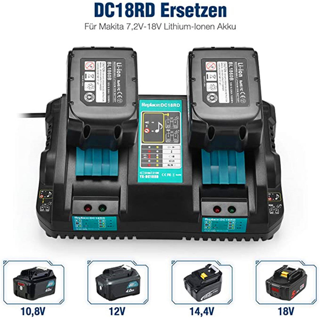 Carregador de Dupla Porta DC18RD para Bateria de Lítio 14,4V-18V Compatível com Makita BL1815 BL1830 BL1840 BL1850