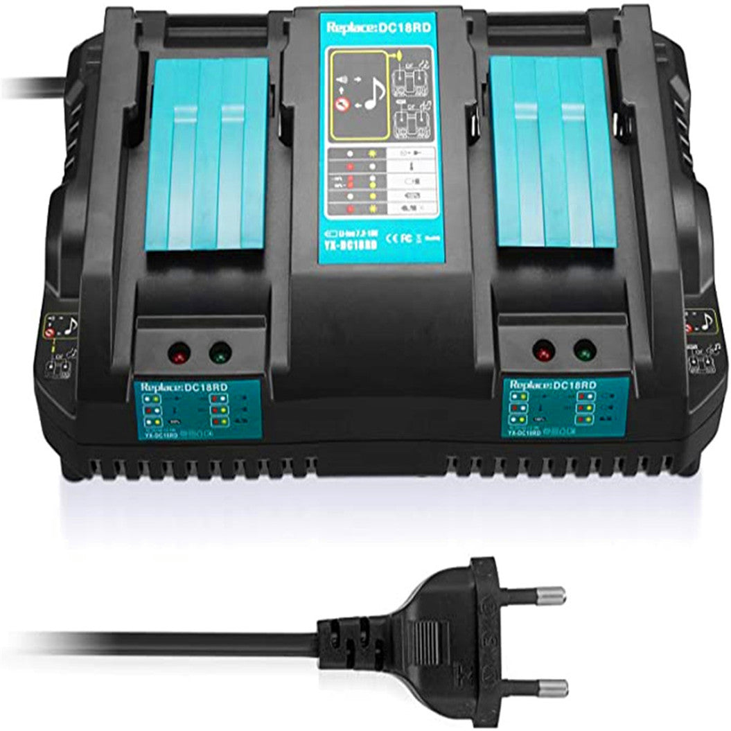 Carregador de Dupla Porta DC18RD para Bateria de Lítio 14,4V-18V Compatível com Makita BL1815 BL1830 BL1840 BL1850