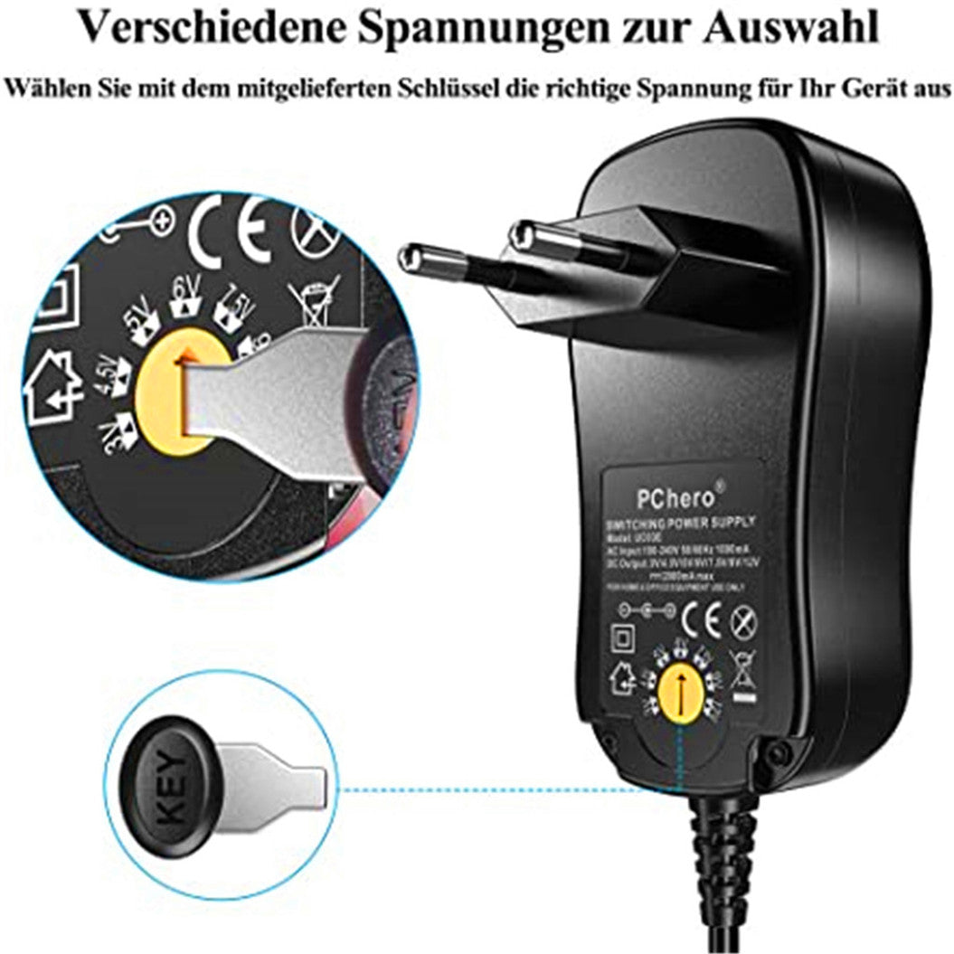 Fuente de alimentación universal PChero de 24 W con 8 enchufes de CC extraíbles para dispositivos electrónicos domésticos de 3 V a 12 V y dispositivos USB - 2000 mA máx.