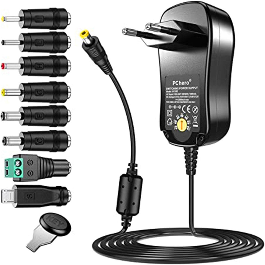 Fuente de alimentación universal PChero de 24 W con 8 enchufes de CC extraíbles para dispositivos electrónicos domésticos de 3 V a 12 V y dispositivos USB - 2000 mA máx.