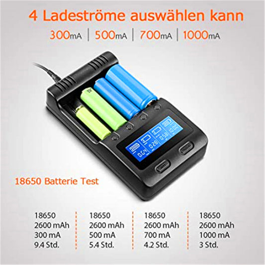 18650 Oplader, Batterij Oplader met 4 Sleuven, LCD-display, USB-apparaten voor Oplaadbare Batterijen Li-ion, NI-MH, NI-Cd A, AA, AAA