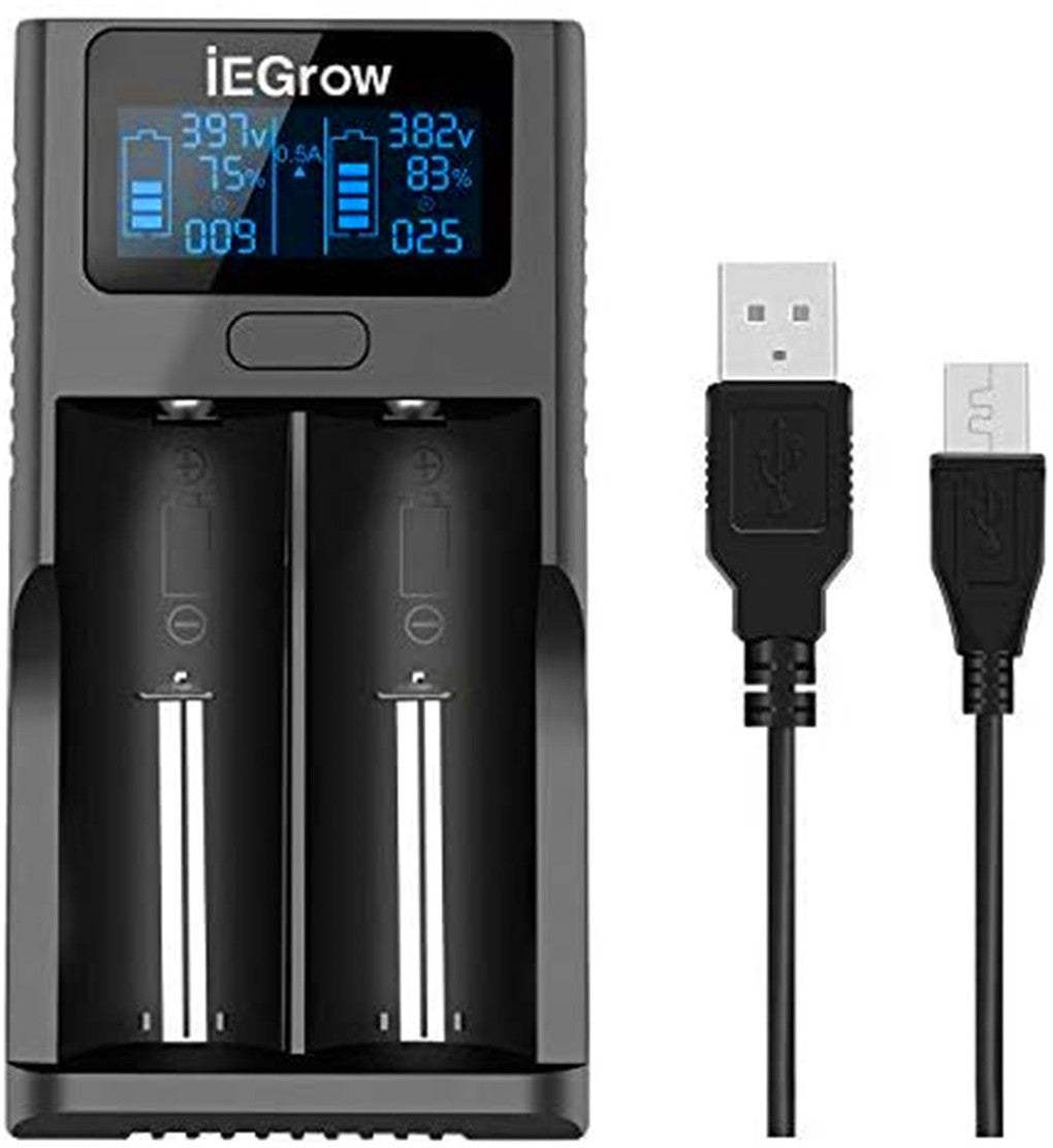 iEGrow 18650 battery charger, LCD battery charger with USB port, 3.7 V lithium ion batteries, 2 slots