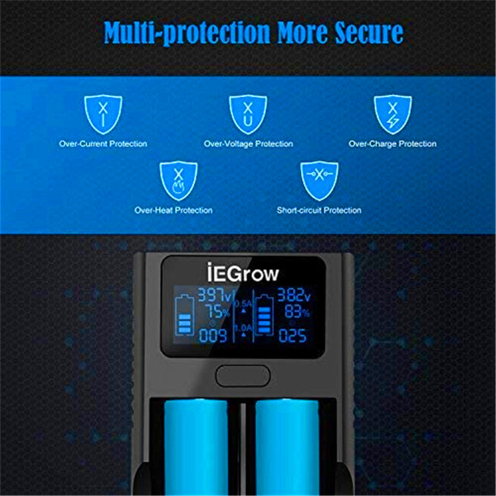 iEGrow 18650 battery charger, LCD battery charger with USB port, 3.7 V lithium ion batteries, 2 slots