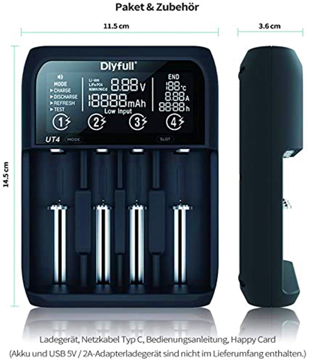 UT4 ユニバーサル電池充電器 リチウムイオン / IMR/INR 電池、ニッケル水素 / ニッケルカドミウム(A、AA、AAA、AAAA、C、SC、D)、リチウム鉄リン酸(LiFePO4)電池用充電器
