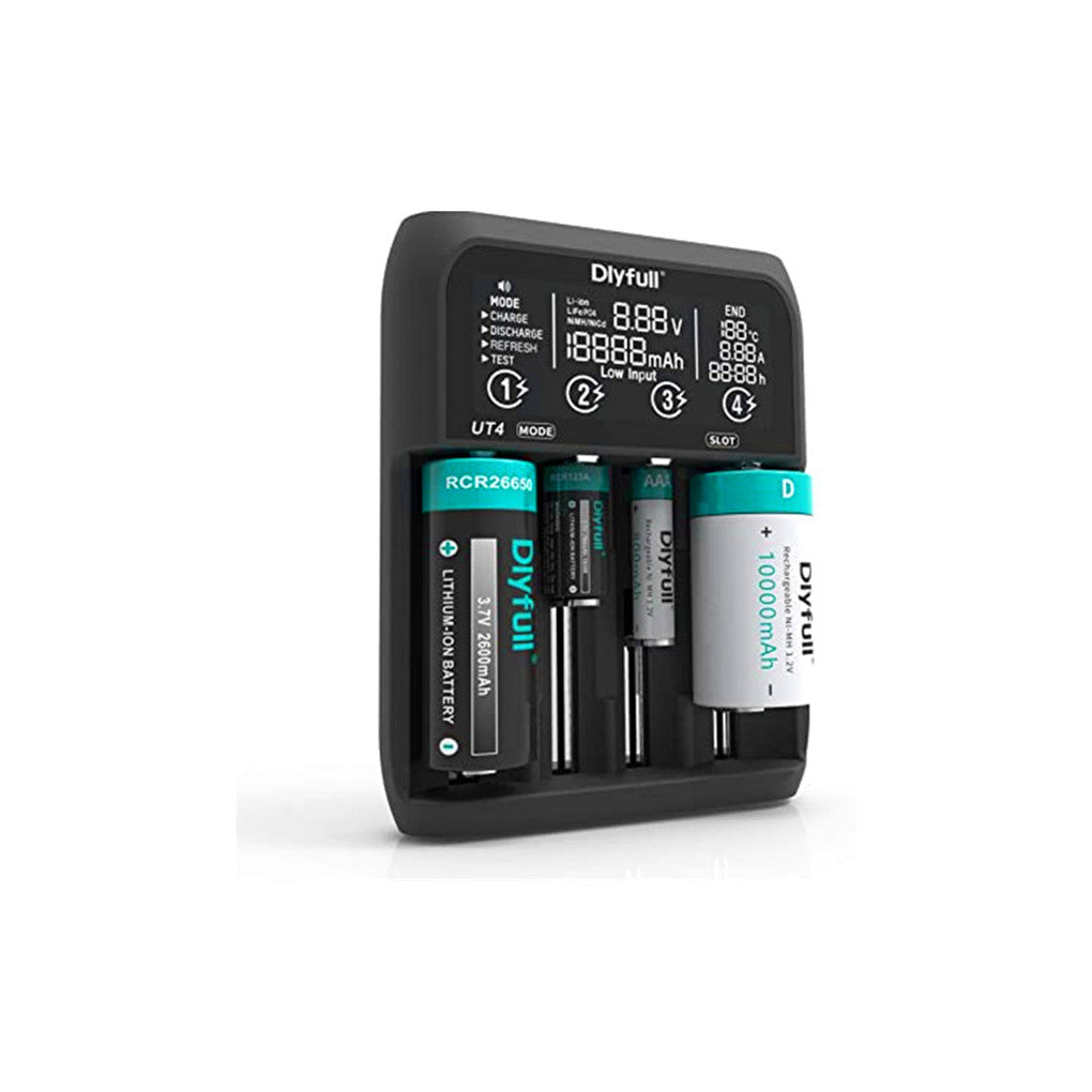 UT4 ユニバーサル電池充電器 リチウムイオン / IMR/INR 電池、ニッケル水素 / ニッケルカドミウム(A、AA、AAA、AAAA、C、SC、D)、リチウム鉄リン酸(LiFePO4)電池用充電器