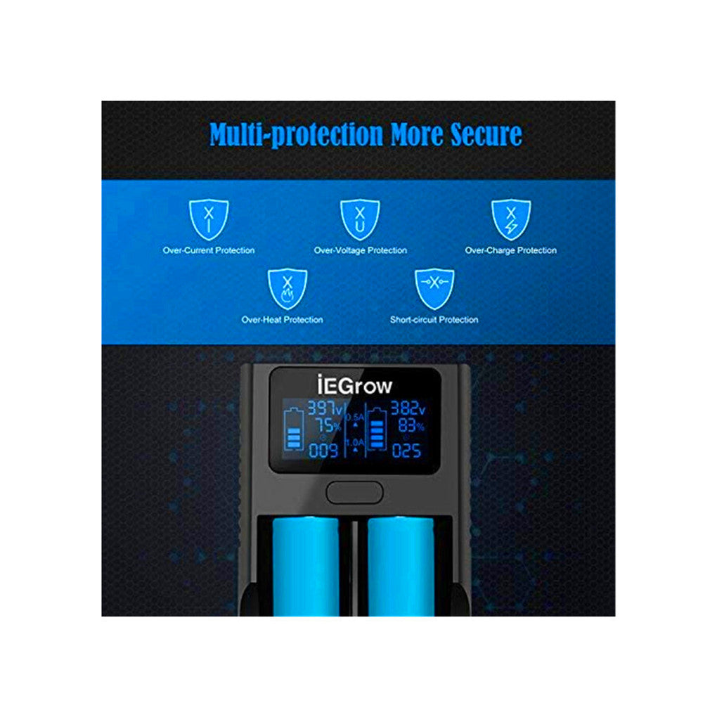18650 battery charger, LCD battery charger with USB connection, 3.7 V Li-Ion battery, 2 slots