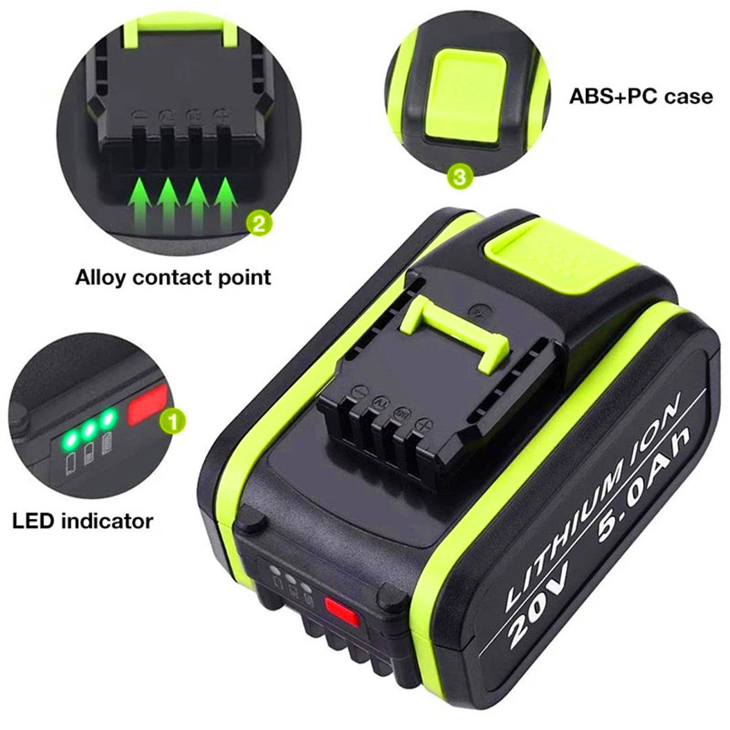 Lot de 2 batteries lithium-ion 20 V 5,0 Ah pour outils électriques Worx WA3553 WX678