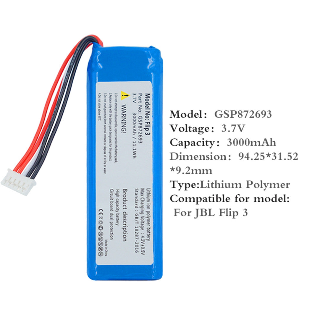 Batterie de haute qualité 3,7 V 3000 mAh pour JBL Flip 3 Flip 3 GRIS GSP872693 P763098 03