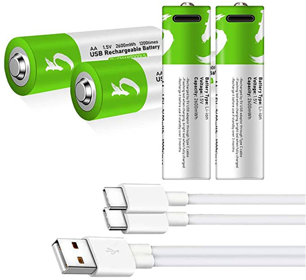 4 peças de bateria recarregável USB AA de lítio, 1.5V, 2600 mWh, bateria recarregável AA, carregamento rápido de 1.5h, mais constante