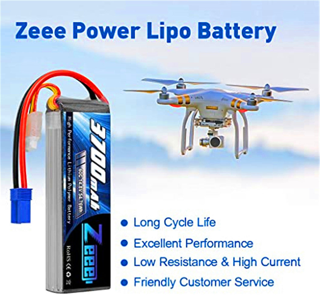 2 paquetes de baterías lipo RC de 14,8 V, 3700 mAh, 60 C con conector EC5 para helicópteros, barcos RC y coches RC