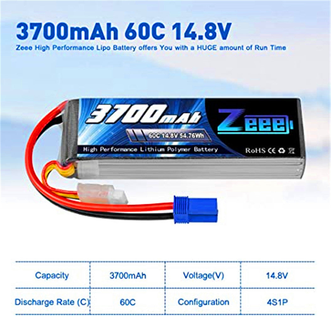 2 paquetes de baterías lipo RC de 14,8 V, 3700 mAh, 60 C con conector EC5 para helicópteros, barcos RC y coches RC