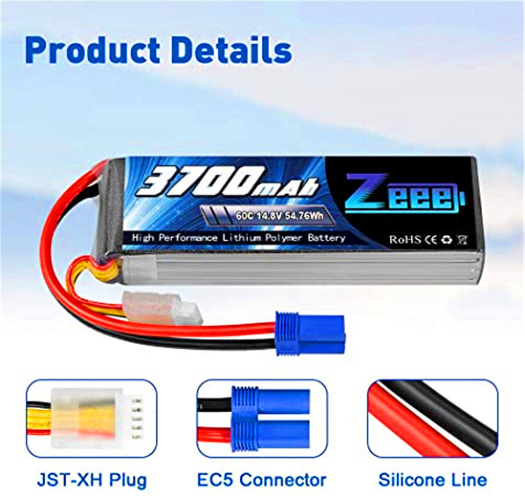 2 paquetes de baterías lipo RC de 14,8 V, 3700 mAh, 60 C con conector EC5 para helicópteros, barcos RC y coches RC
